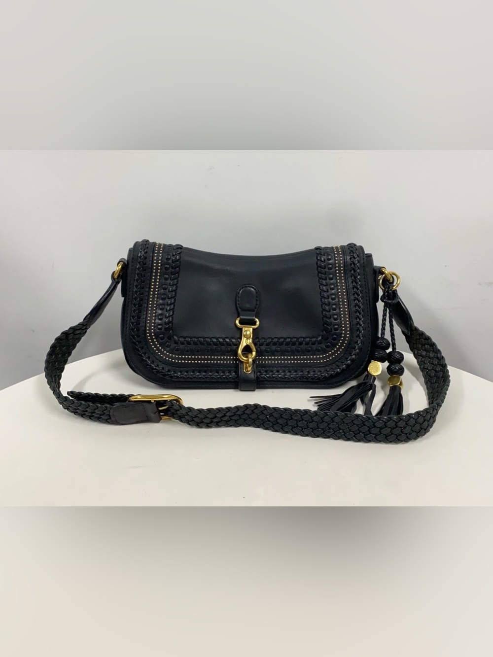 Gucci Black Braided Leather shoulder bag with Gold-Tone Hardware and Tassels